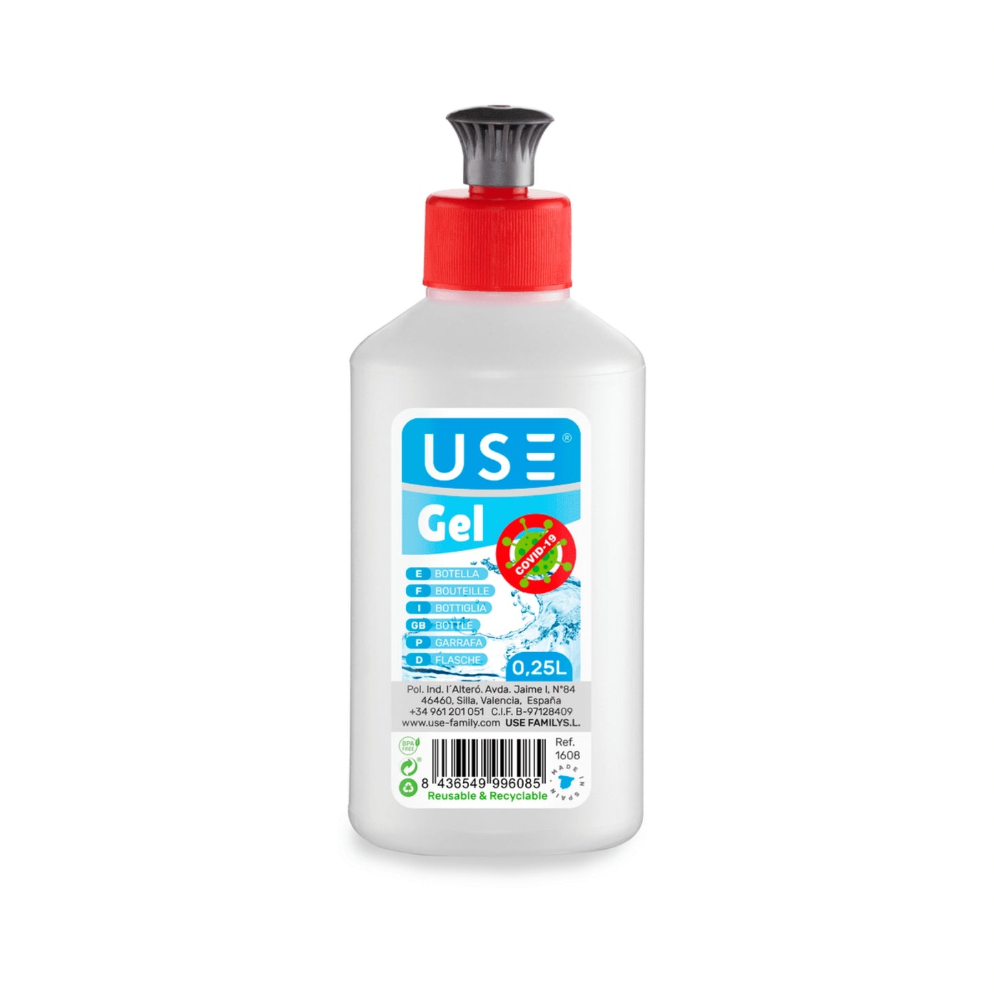 Botella con Dosificador Gel 0,25L azul