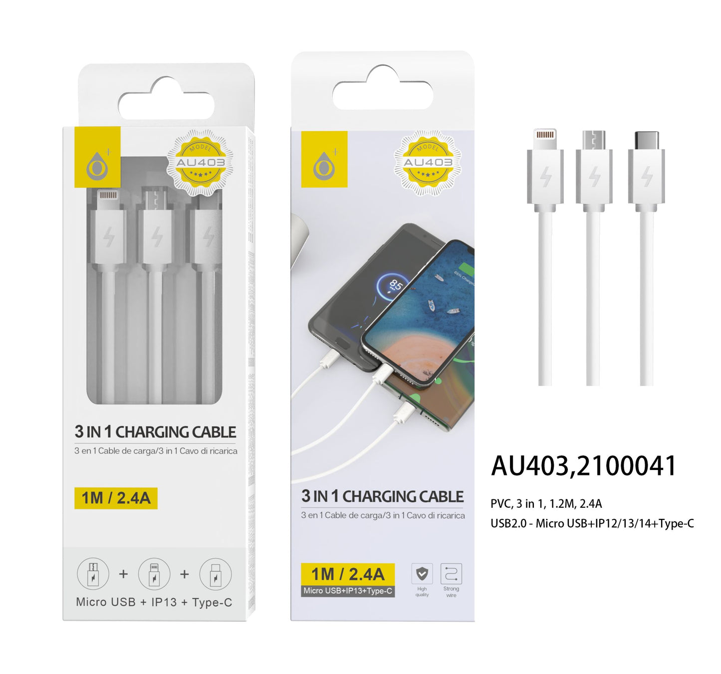 Cable de carga 3 en 1(Micro+PG5+TYPEC) 1.2M Blanco