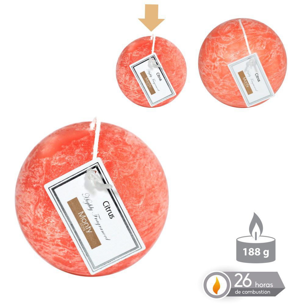 VELA BOLA PERFUMADA NARANJA 7,50 CM 188 GRS 26 HORAS COMBUSTION 2% PERFUME CITRICOS
