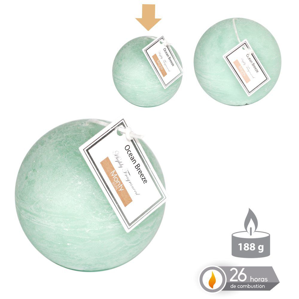 VELA BOLA PERFUMADA TURQUESA 7,50 CM 188 GRS 26 HORAS COMBUSTION 2% PERFUME OCEAN BREEZE