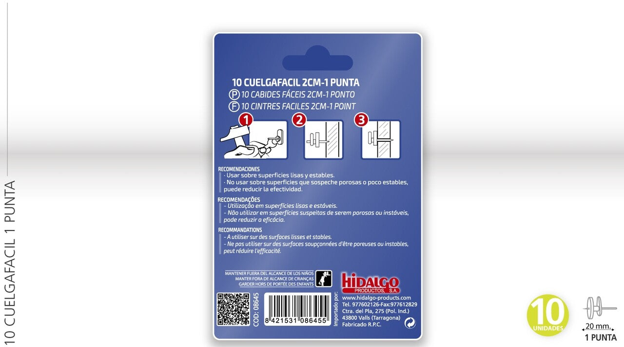 10 cuelga facil 2cm 1punta
