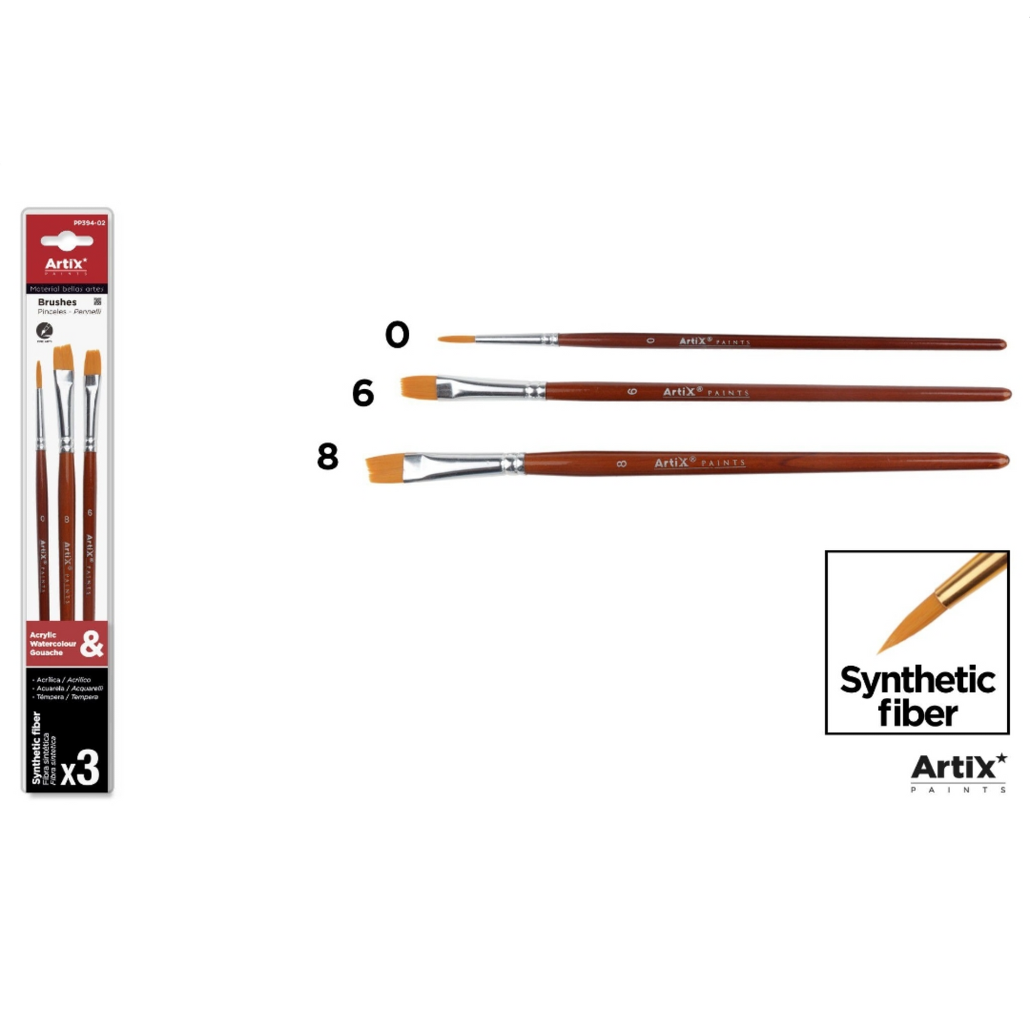Set 3 Pinceles Sintéticos Mango Corto Artix #0#6#8