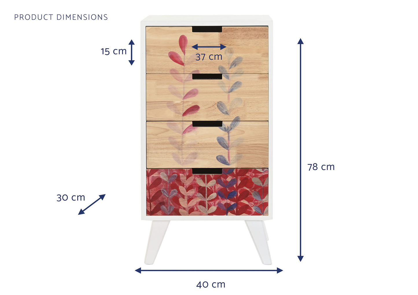 Cajonera rubberwood paulownia 40*30*78cm 4 cajones