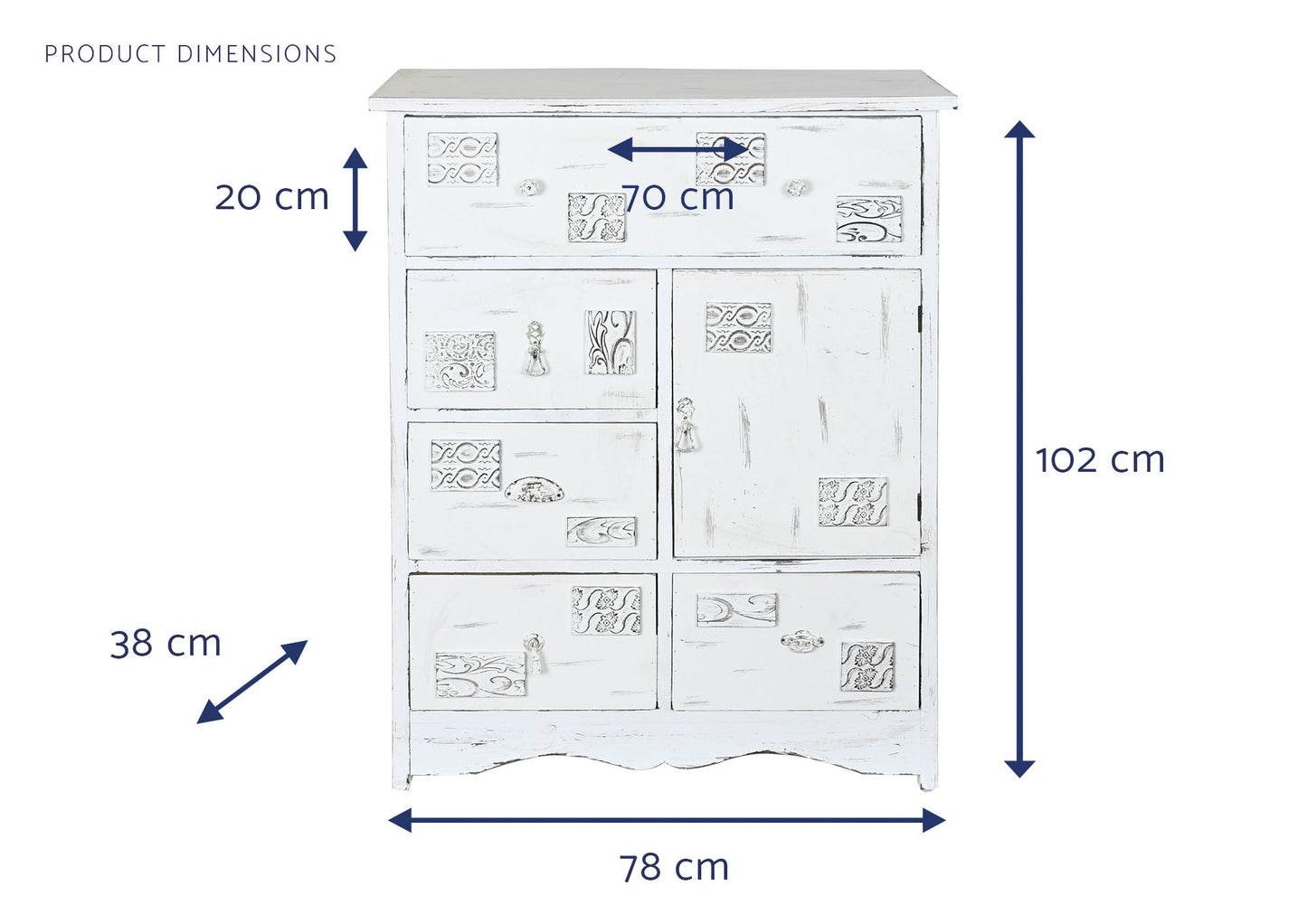 Cajonera madera 78*38*102cm desgastado blanco