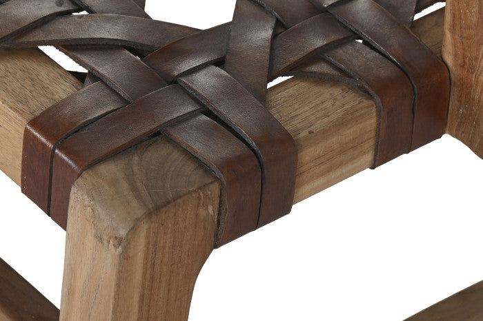 Sillón de Teca y Piel Trenzado a Mano – 56 x 58 x 74 cm