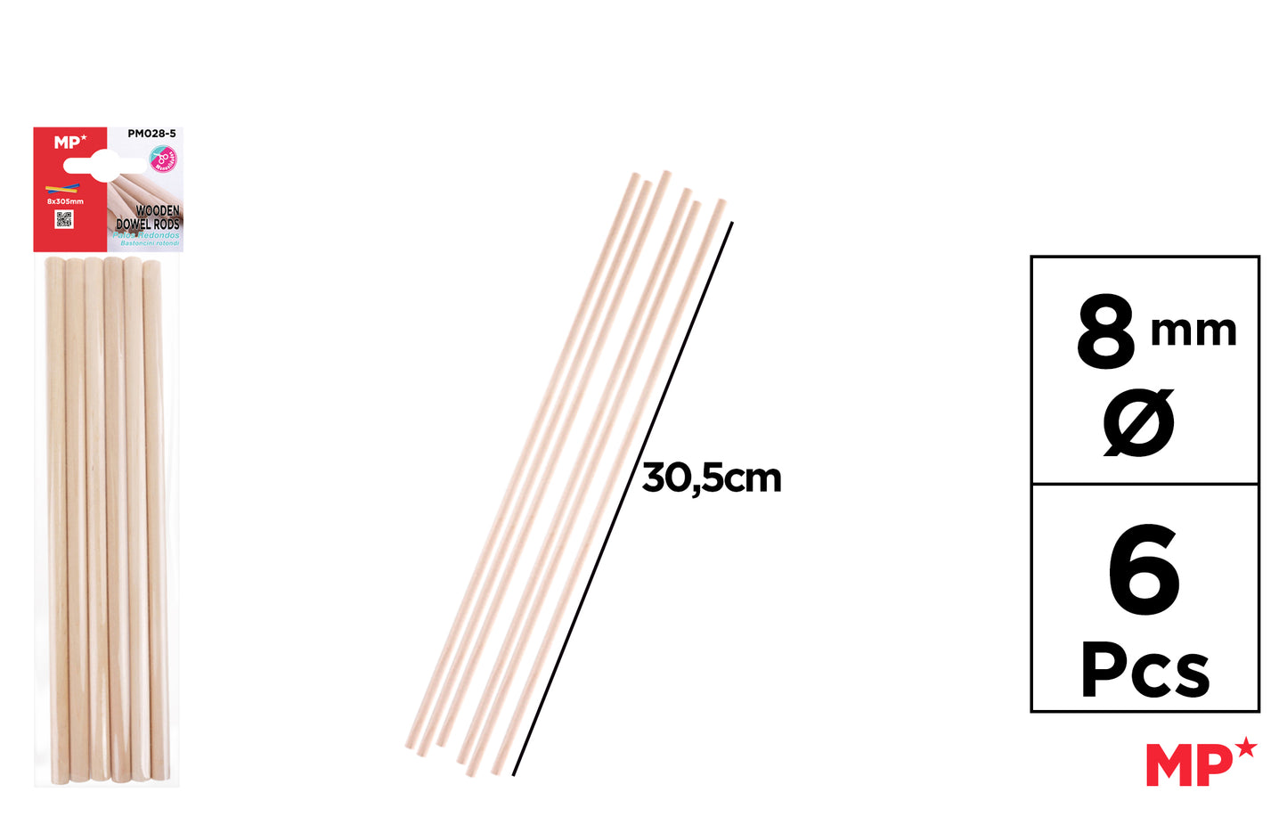 Palos Redondos de Madera 8mm*30.5cm 6pcs