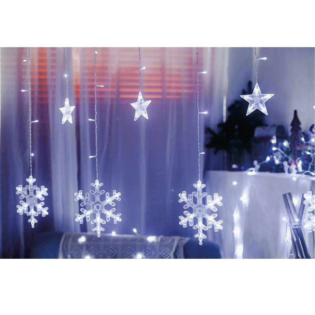 Cortina LED con estrellas y copos de nieve