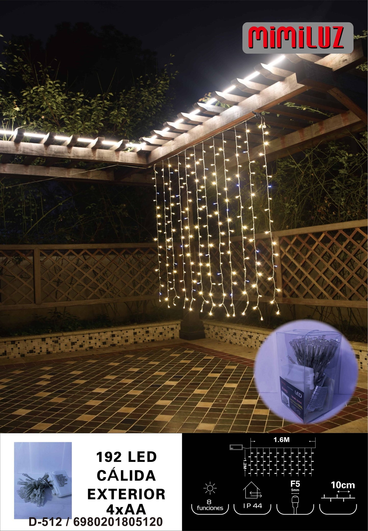 Cortina de luz c/pila 160x120cm calida