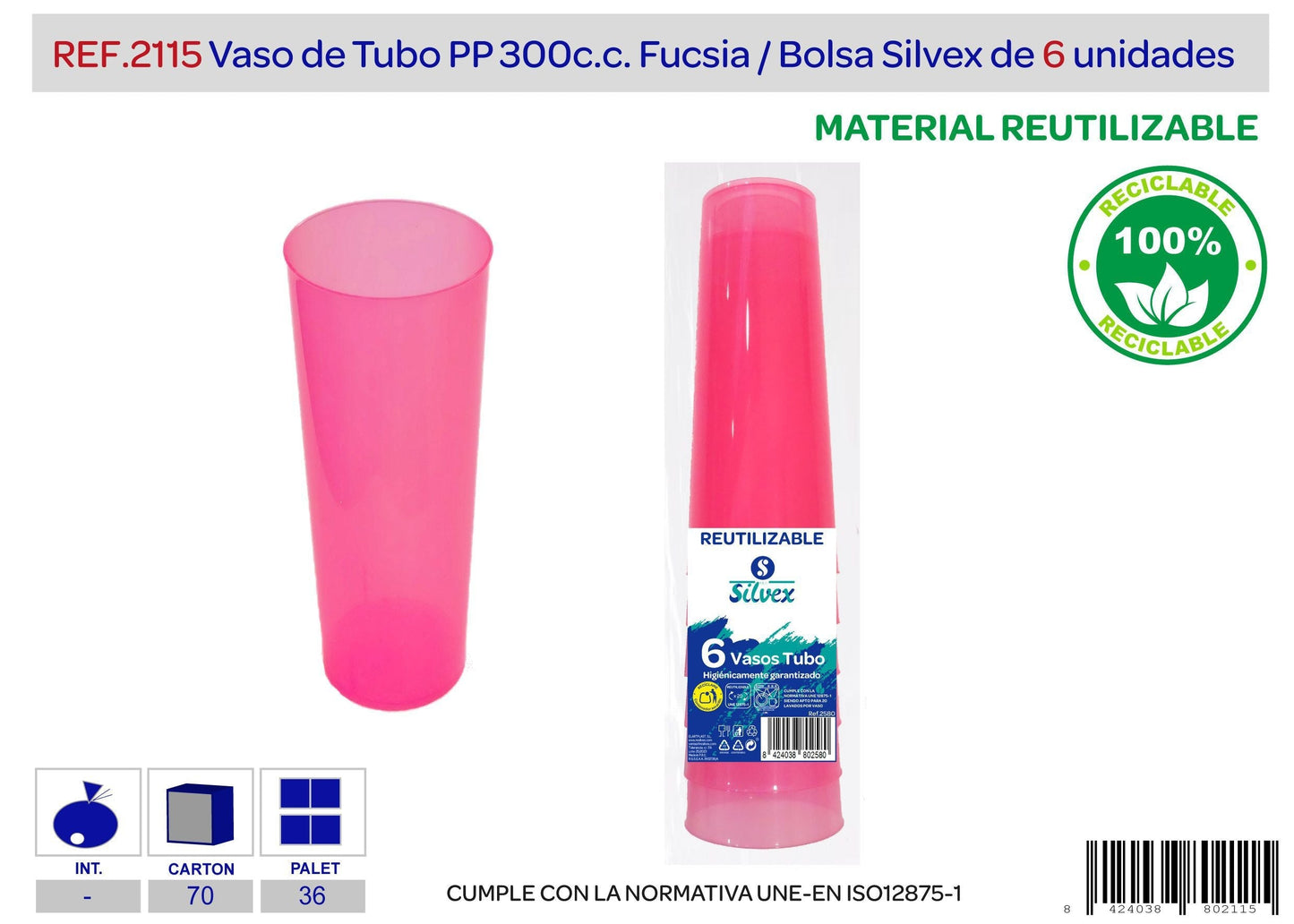 Pack 6 vaso tubo reutilizable pp azul