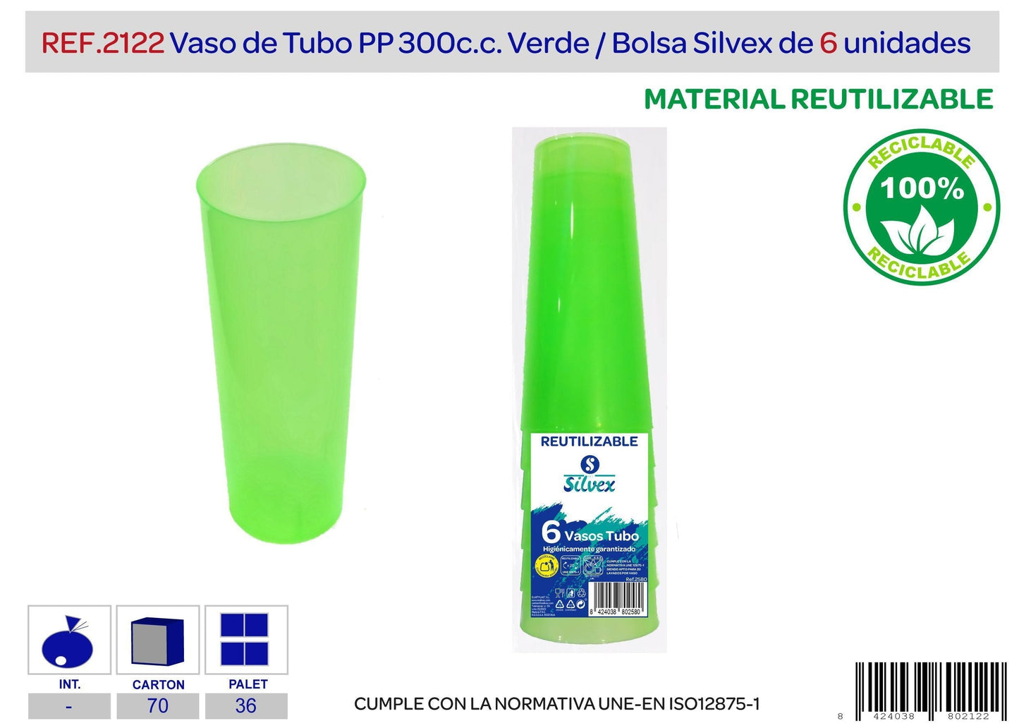 Pack 6 vaso tubo reutilizable pp verde