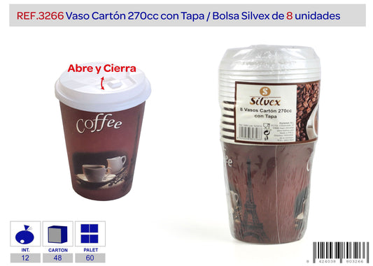 Pack 8 vaso carton 270 c.c. con tapa