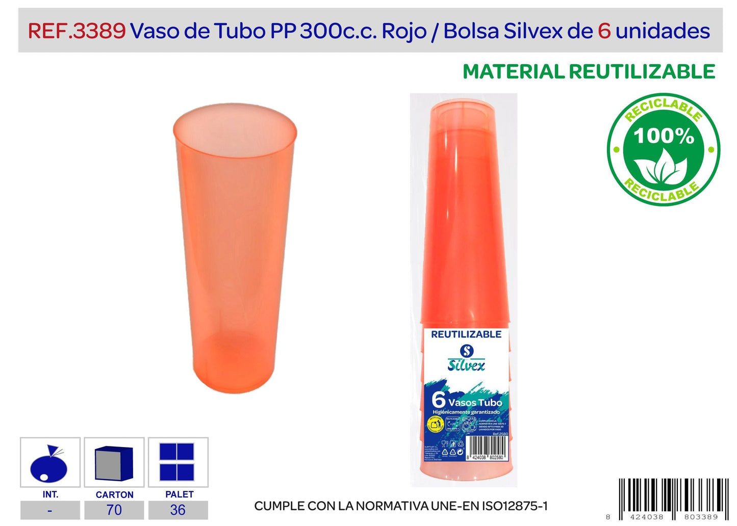 Pack 6 vaso tubo reutilizable pp azul