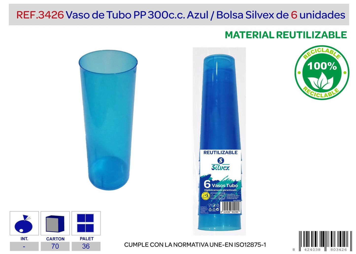 Pack 6 vaso tubo reutilizable pp verde