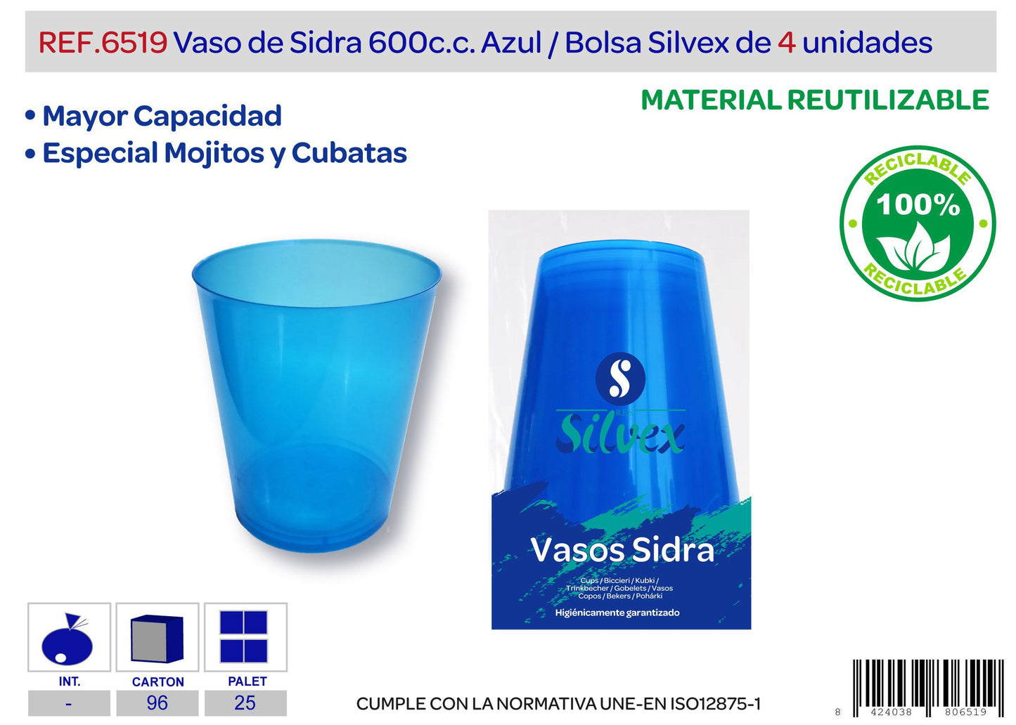 Pack 4 vaso sidra 600cc reutilizable amarillo