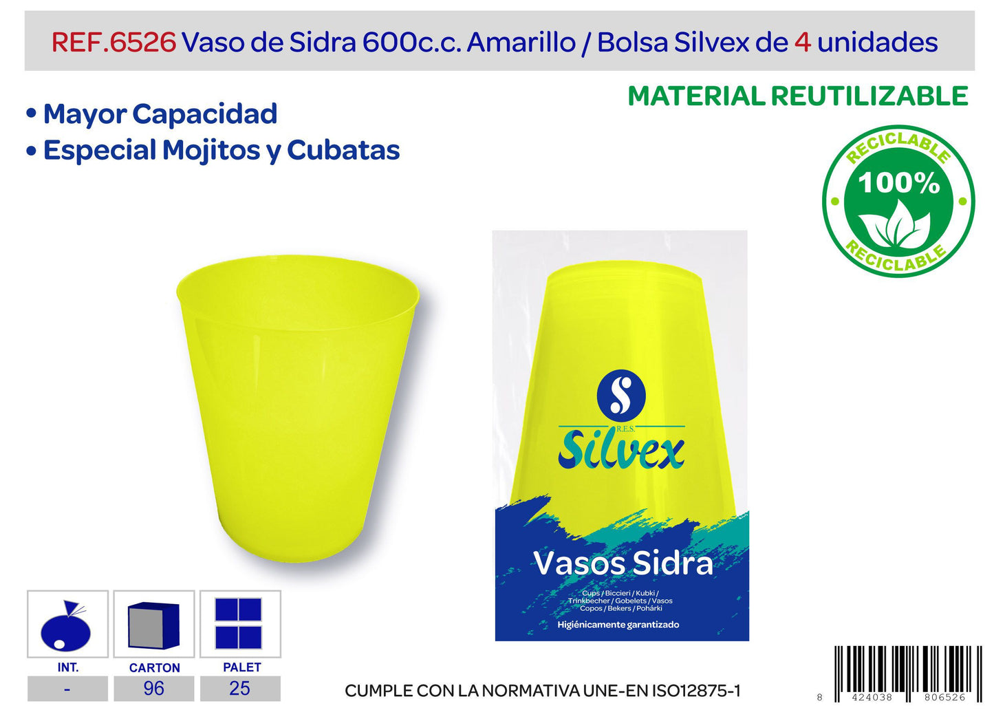 Pack 4 vaso sidra 600cc reutilizable amarillo