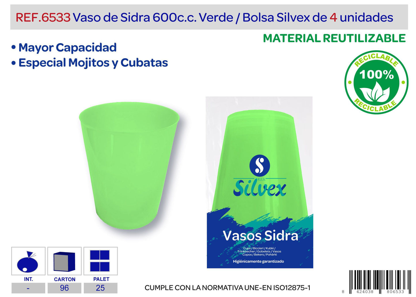 Pack 4 vaso sidra 600cc reutilizable amarillo