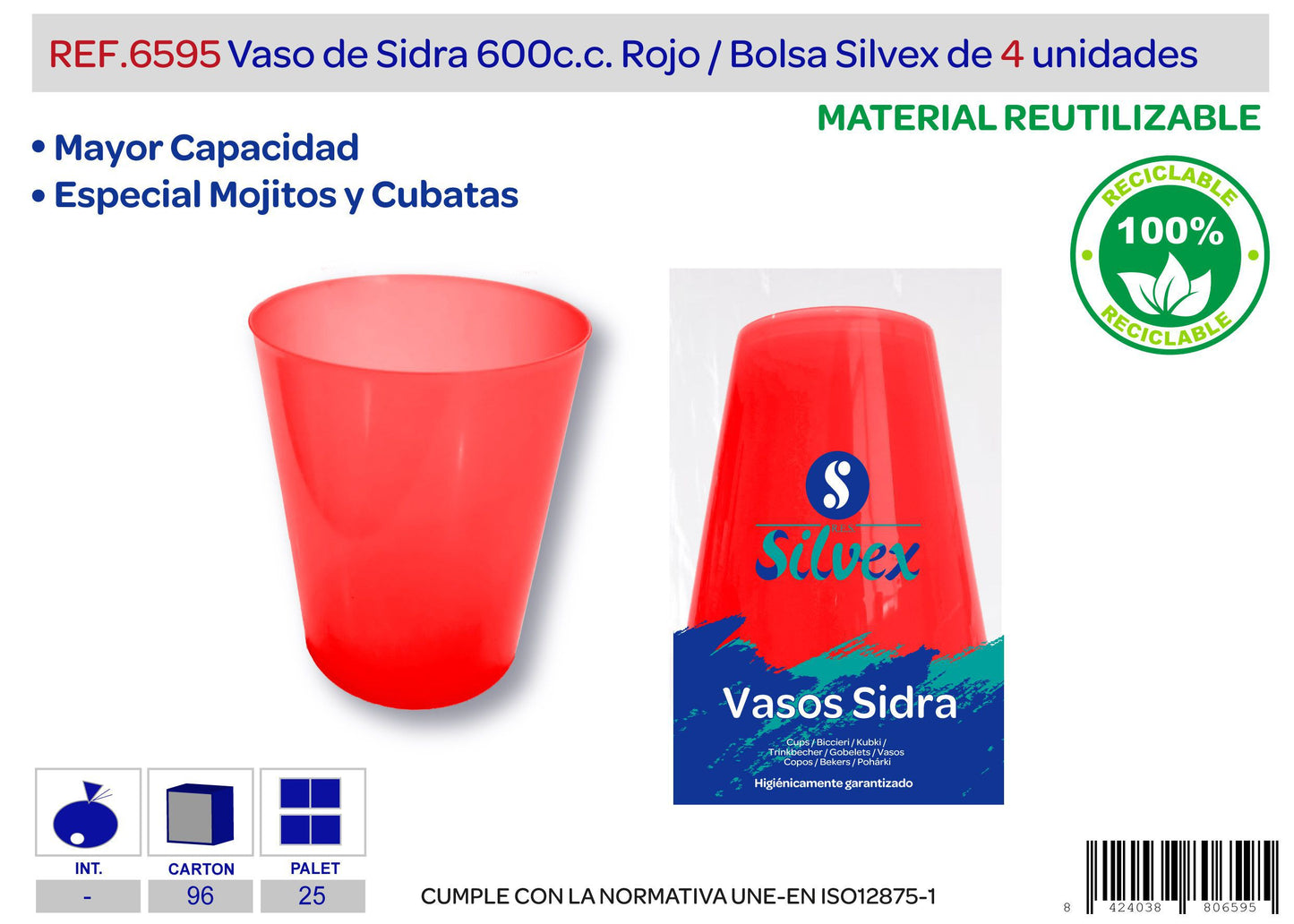 Pack 4 vaso sidra 600cc reutilizable rojo