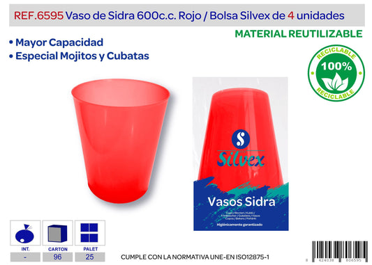 Pack 4 vaso sidra 600cc reutilizable rojo