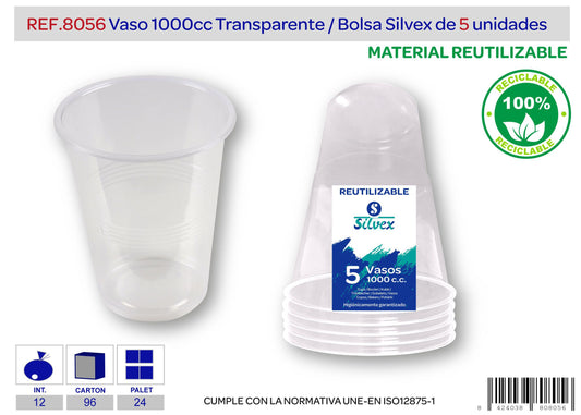 Pack 5 vaso 1000 cc reutilizable transparente