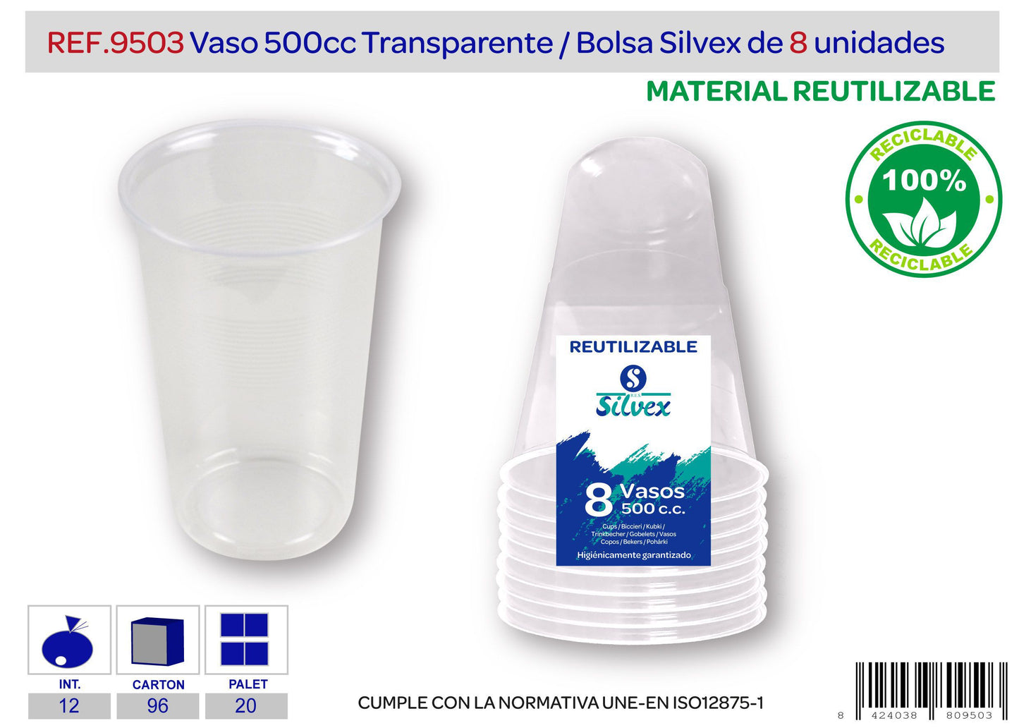 Pack 8 vaso 500 cc reutilizable transparente