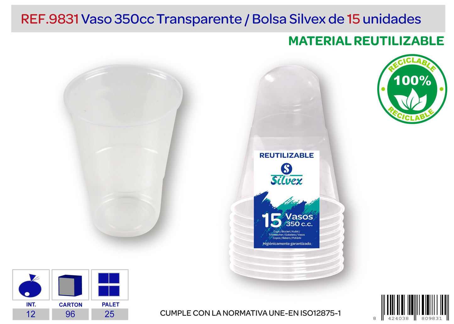 Pack 15 vaso 350 cc reutilizable blanco