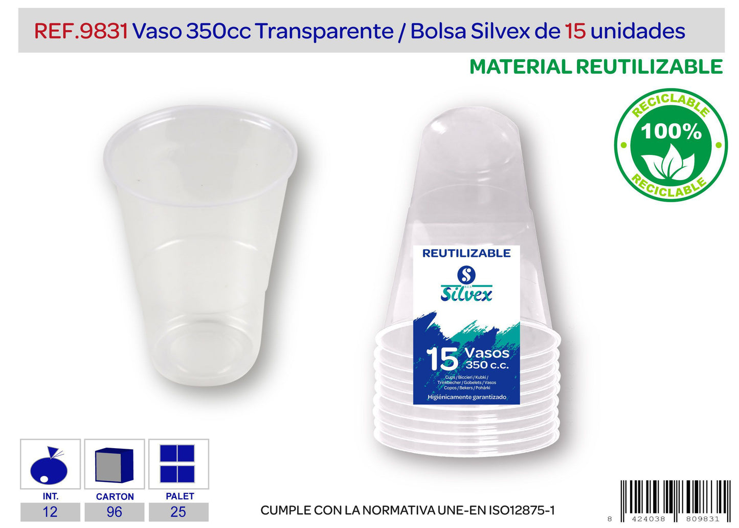 Pack 15 vaso 350 cc reutilizable transparente