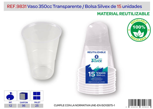 Pack 15 vaso 350 cc reutilizable transparente