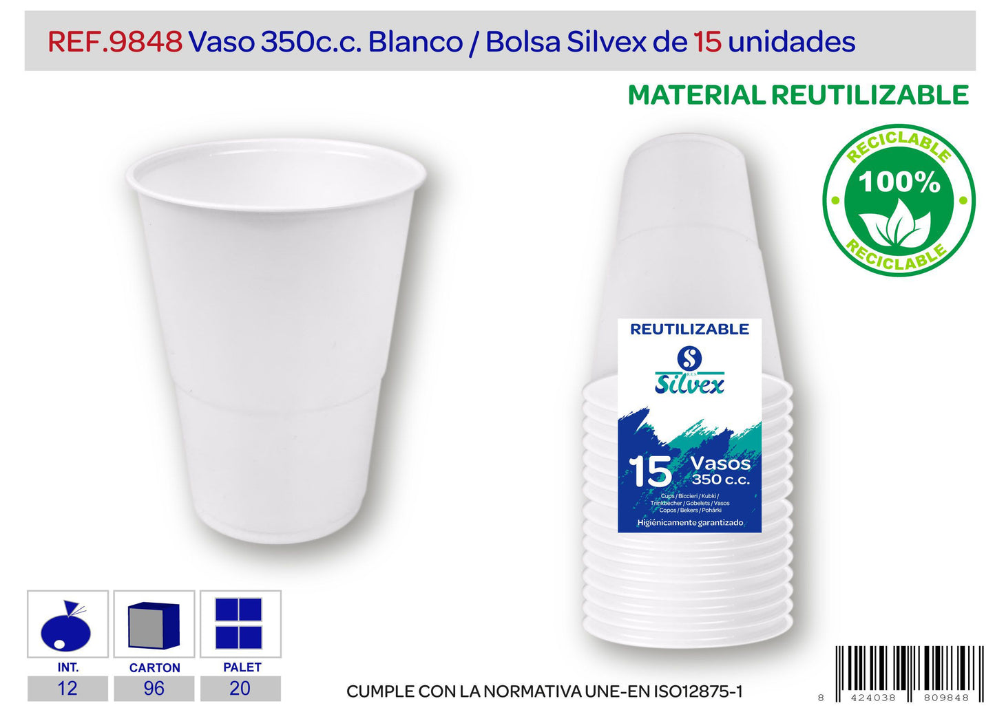 Pack 15 vaso 350 cc reutilizable transparente