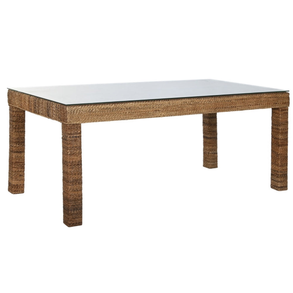 Mesa de comedor de fibra y teca con cristal templado 180 × 90 × 77 cm