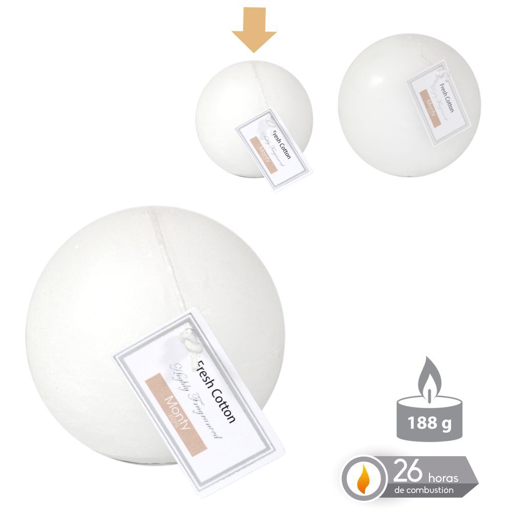 VELA BOLA PERFUMADA BLANCO 7,50 CM 188 GRS- 26 HORAS COMBUSTION -2% PERFUME FRESH COTON