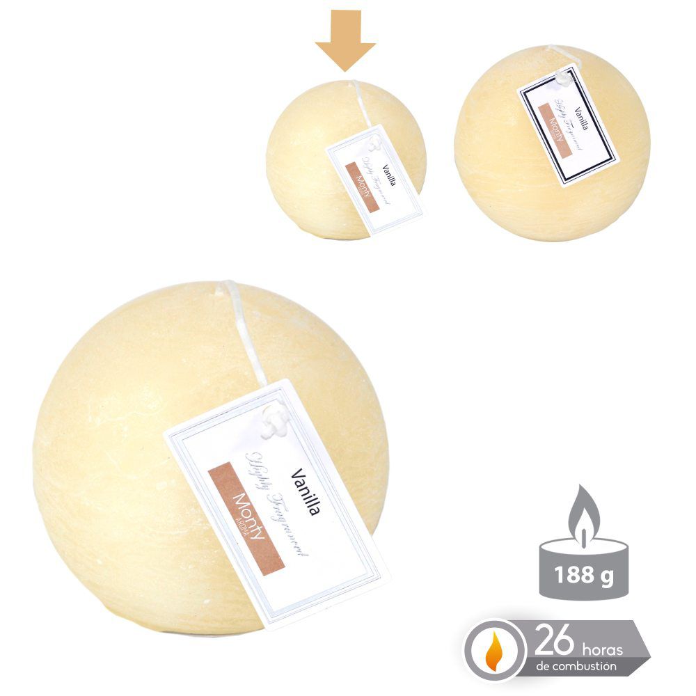 VELA BOLA PERFUMADA CREMA 7,50 CM 188 GRS 26 HORAS COMBUSTION 2% PERFUME VAINILLA