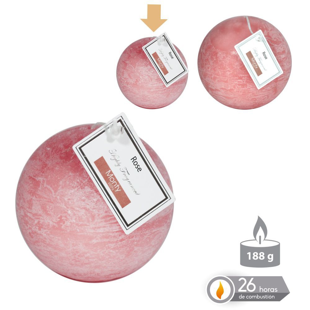 VELA BOLA PERFUMADA ROSA 7,50 CM 188 GRS 26 HORAS COMBUSTION 2% PERFUME ROSA