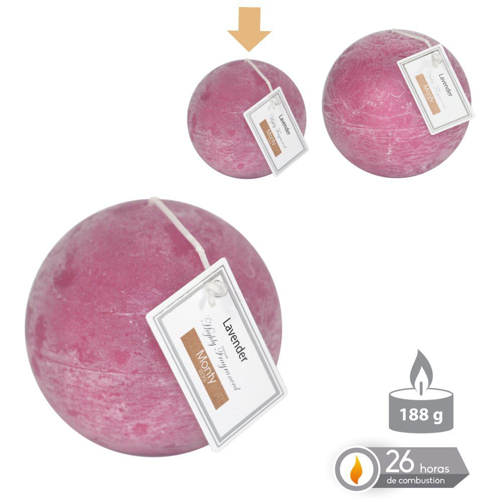 VELA BOLA PERFUMADA MALVA 7,50 CM 188 GRS 26 HORAS COMBUSTION 2% PERFUME LAVANDA