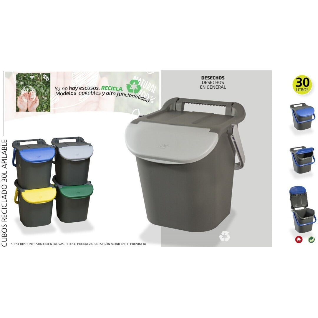 Cubo reciclaje apilable 30L gris