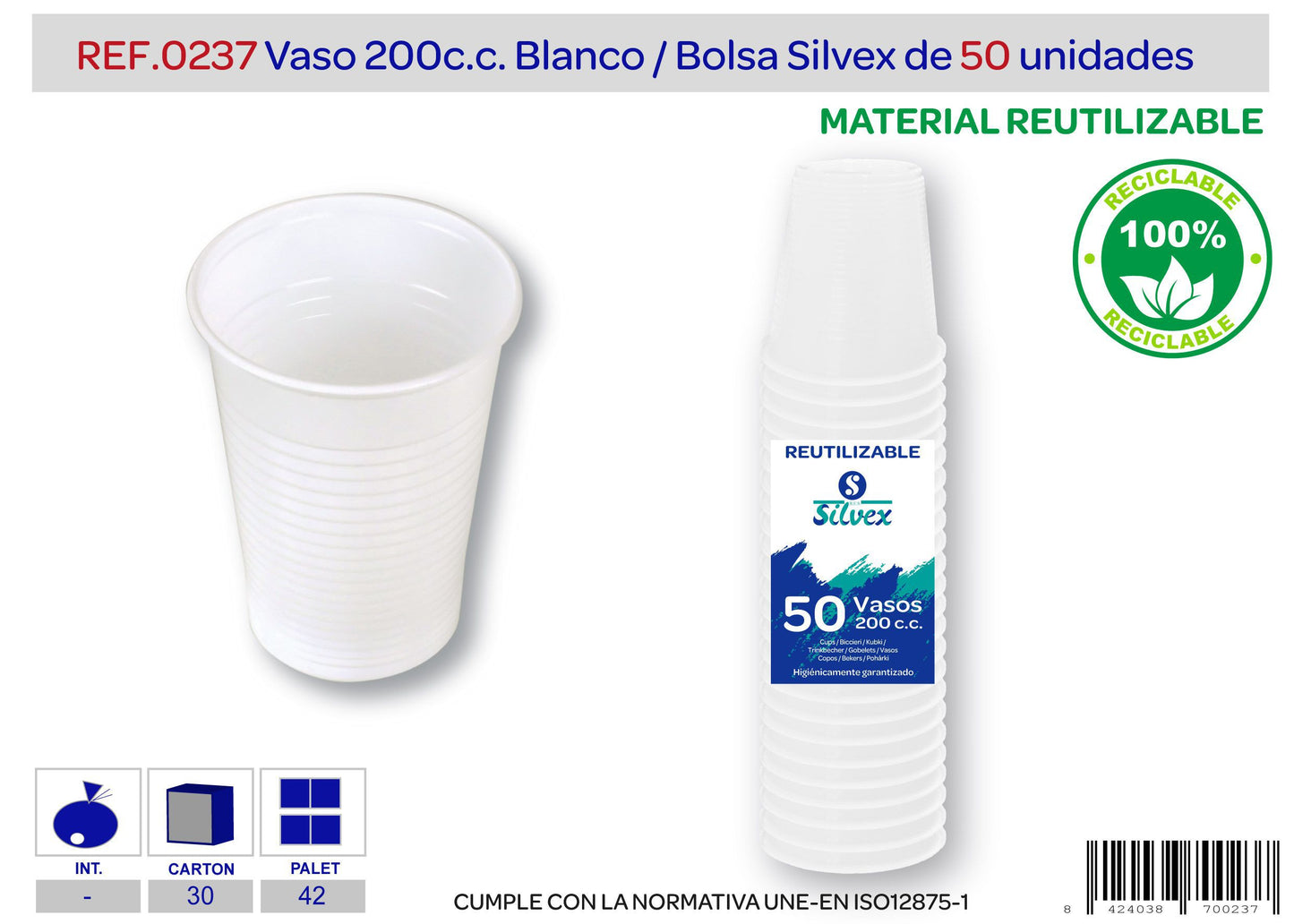 Pack 50 vaso 200 c.c. reutilizable transparente