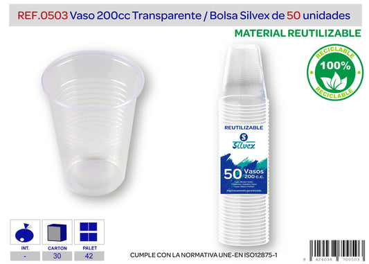 Pack 50 vaso 200 c.c. reutilizable transparente