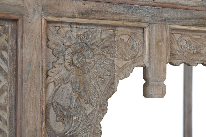 Cama con dosel teca 225x160x206 tallada decapé