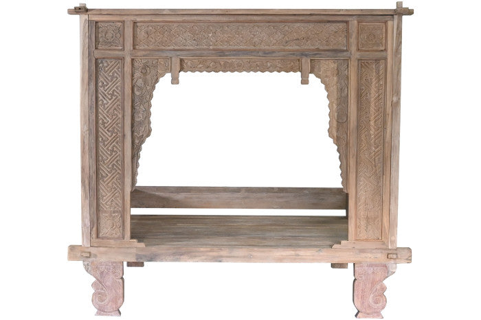 Cama con dosel teca 225x160x206 tallada decapé