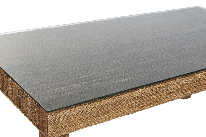 Mesa de comedor de fibra y teca con cristal templado 180 × 90 × 77 cm