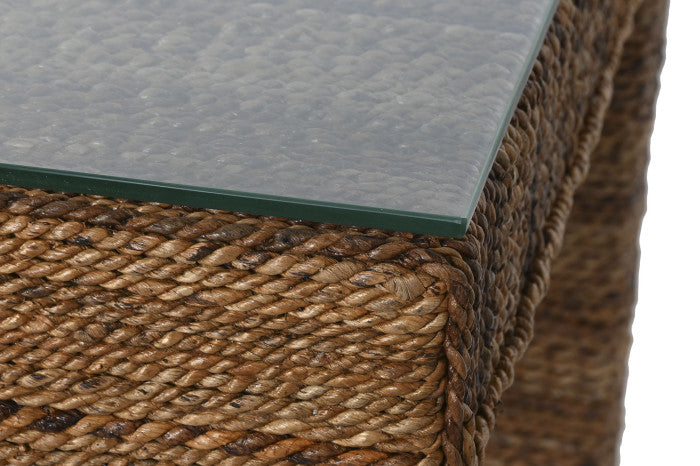 Mesa de comedor de fibra y teca con cristal templado 180 × 90 × 77 cm