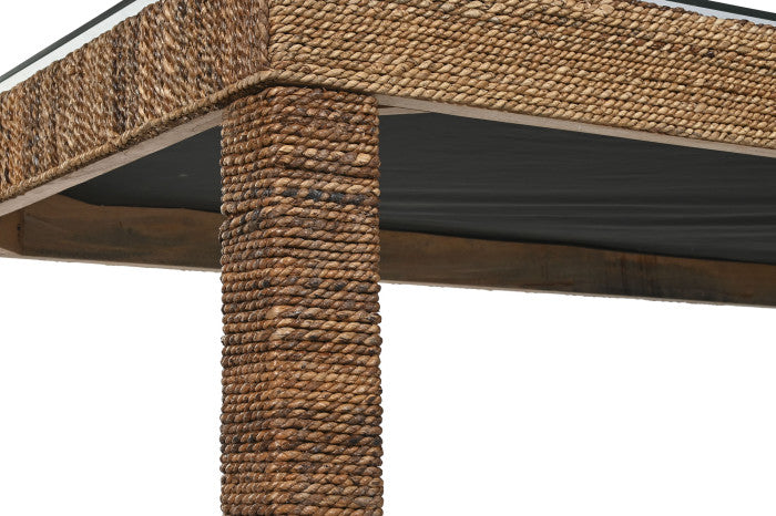 Mesa de comedor de fibra y teca con cristal templado 180 × 90 × 77 cm