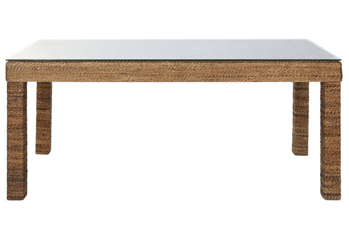 Mesa de comedor de fibra y teca con cristal templado 180 × 90 × 77 cm