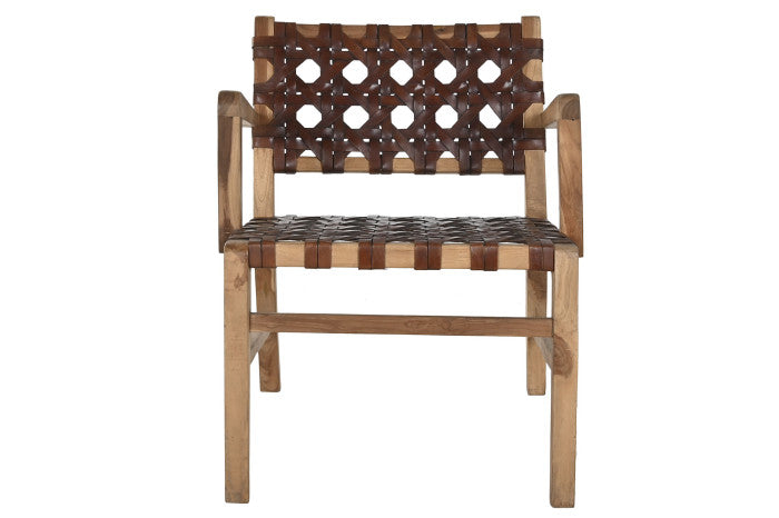 Sillón de Teca y Piel Trenzado a Mano – 56 x 58 x 74 cm