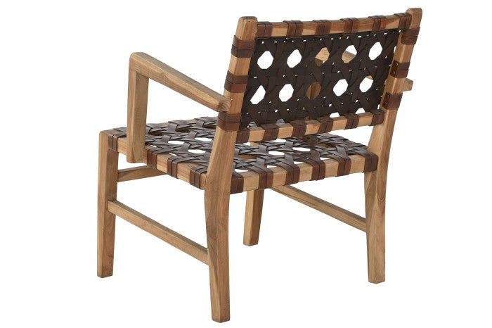 Sillón de Teca y Piel Trenzado a Mano – 56 x 58 x 74 cm