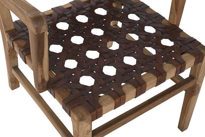 Sillón de Teca y Piel Trenzado a Mano – 56 x 58 x 74 cm