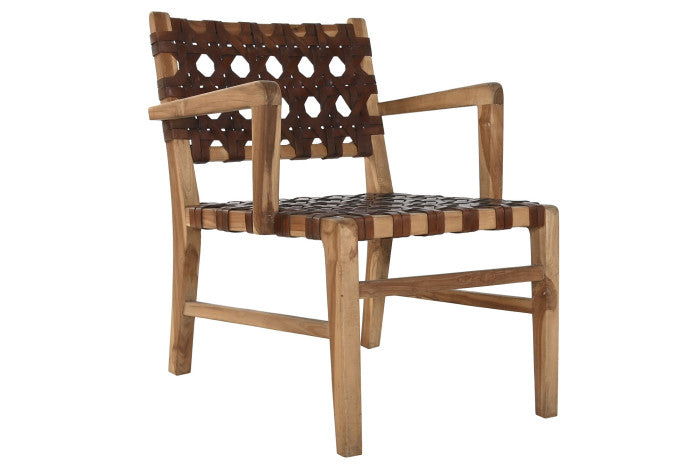 Sillón de Teca y Piel Trenzado a Mano – 56 x 58 x 74 cm