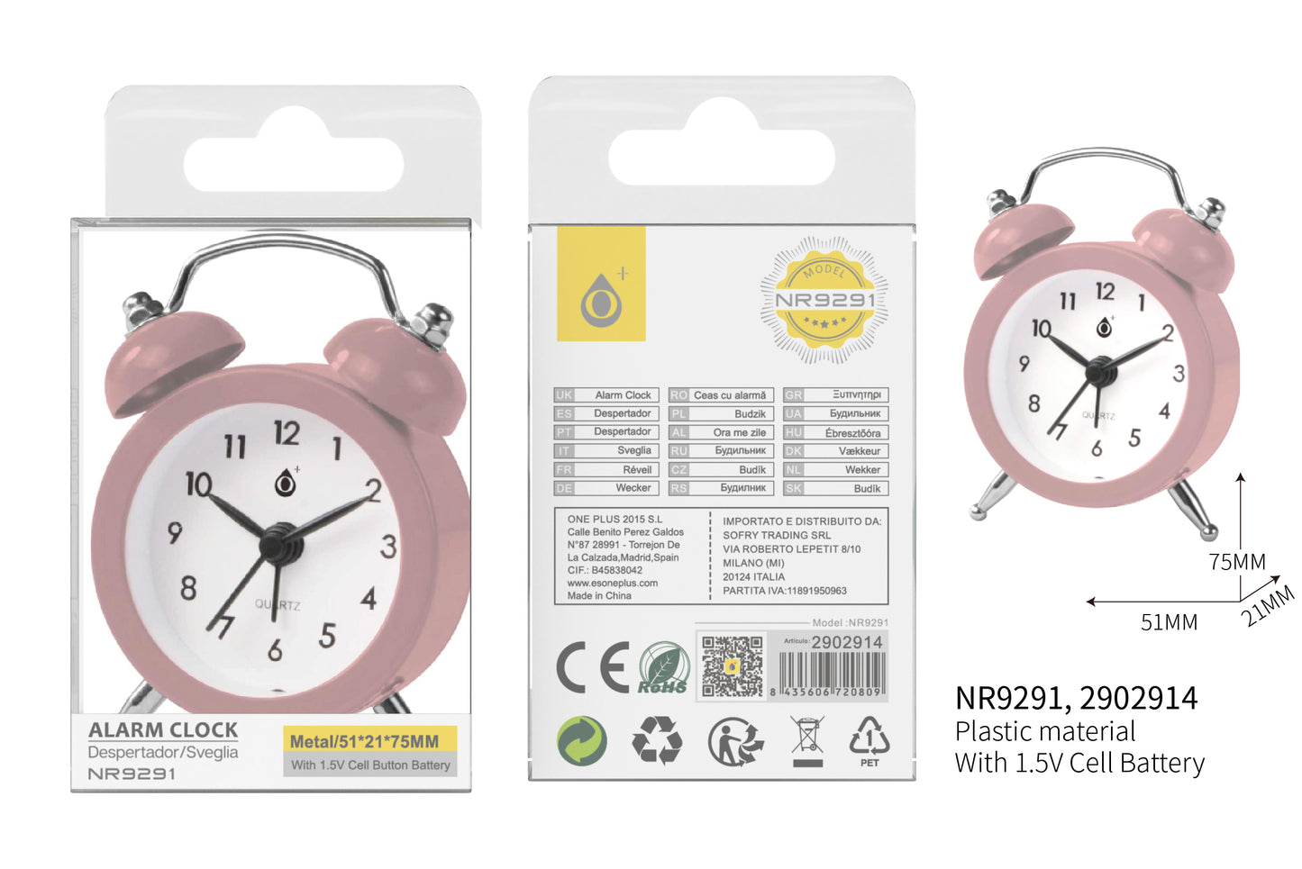 Reloj despertador rosa 6*2.5*8 cm,