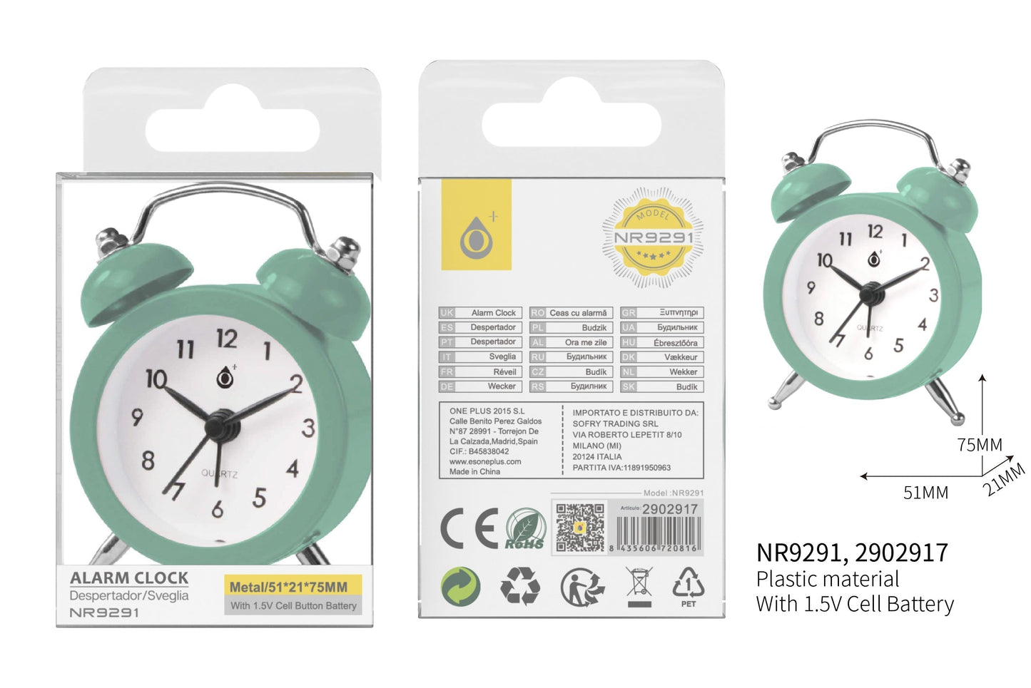 Reloj despertador verde 6*2.5*8 cm,