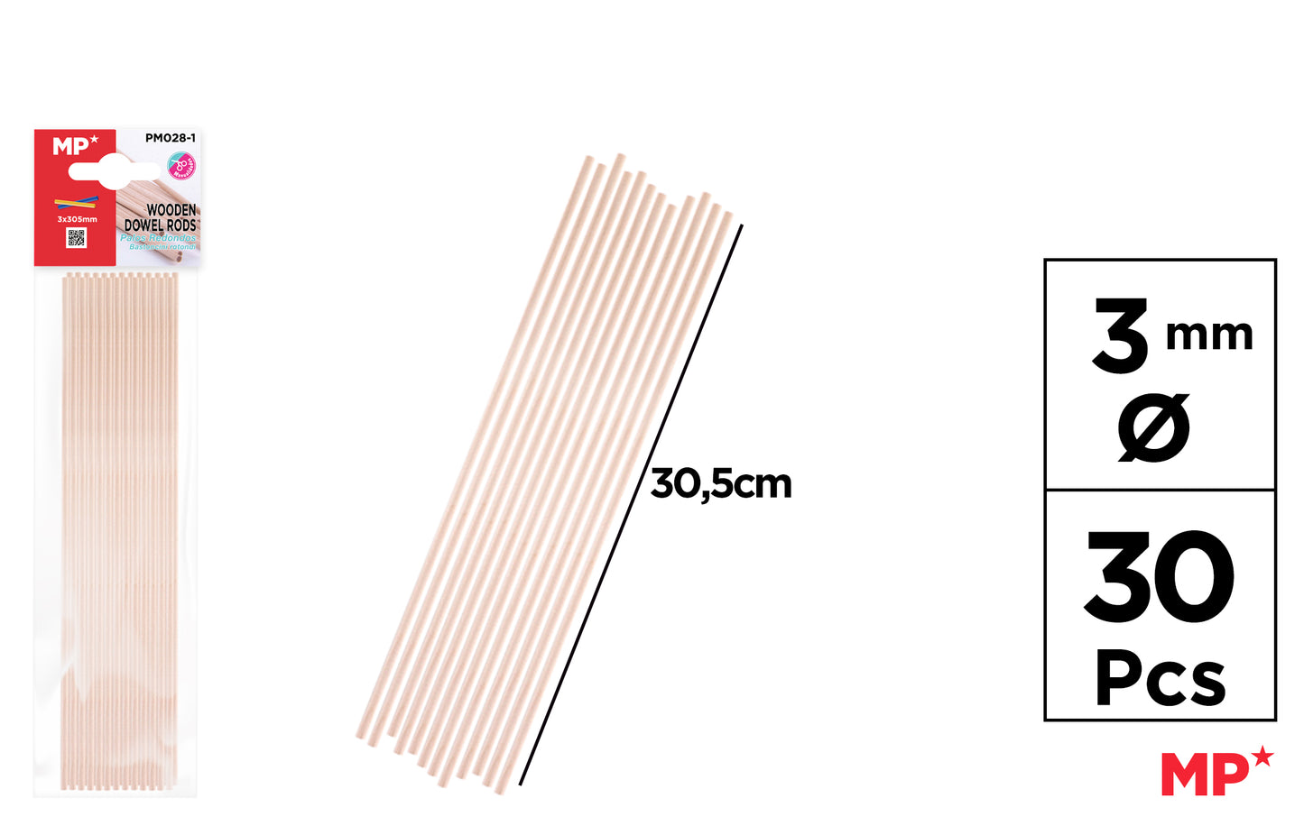 Palos Redondos de Madera 3mm*30.5cm 30pcs
