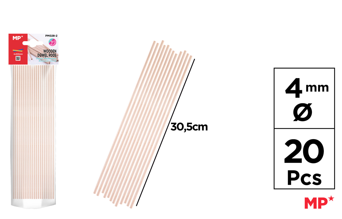 Palos Redondos de Madera 4mm*30.5cm 20pcs